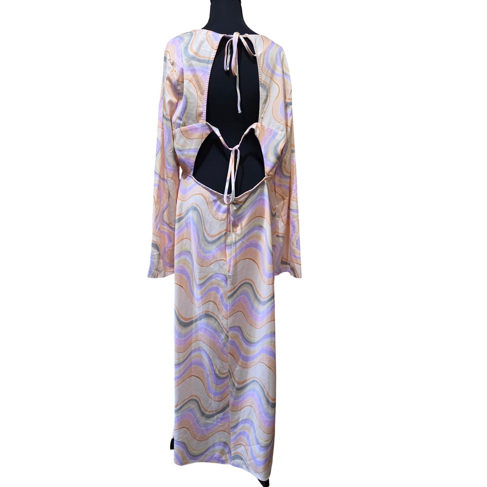 Topshop Maxi Dress Multi Color Cut Out Satin Long Sleeve Wave Print Retro Sz 14 - Picture 2 of 5